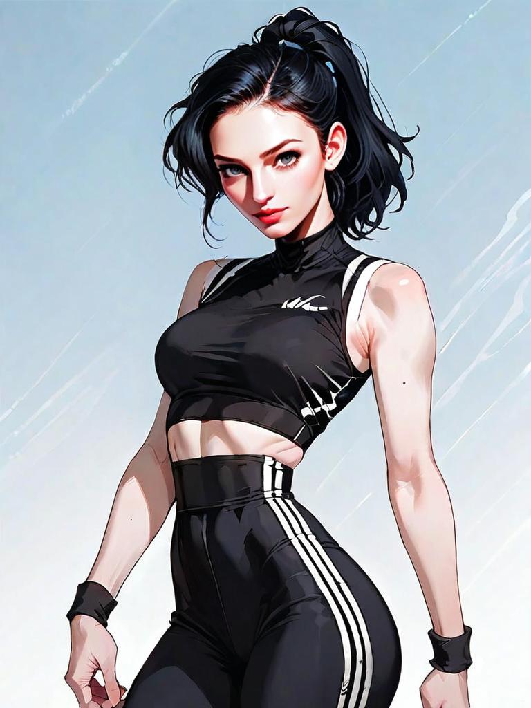 Realistic Comic Style Athletic Woman in Black Sportswear Full Body Illustration