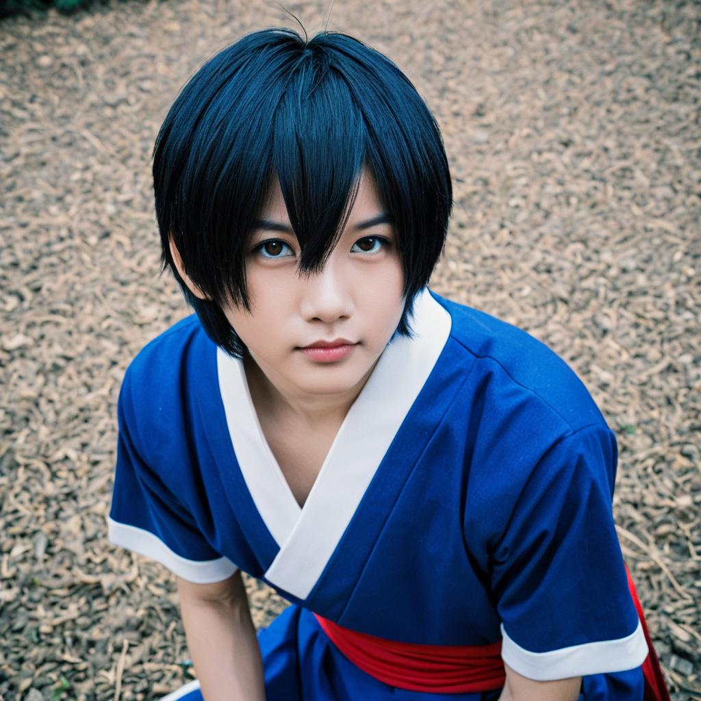 Realistic Portrait of Young Man in Blue Traditional Cosplay Outfit