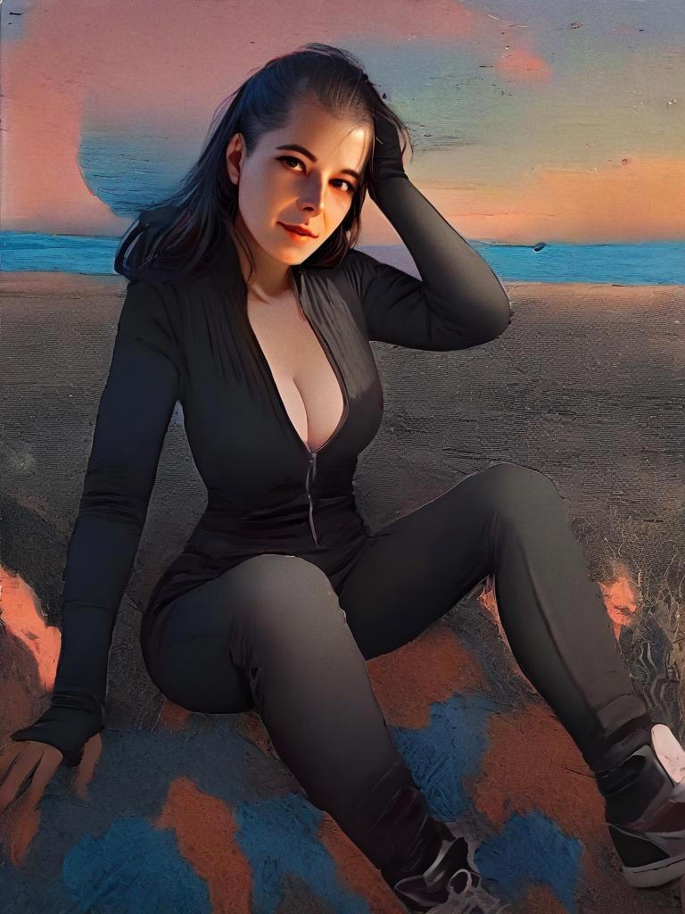 Woman in Black Outfit Sitting at Sunset Digital Art