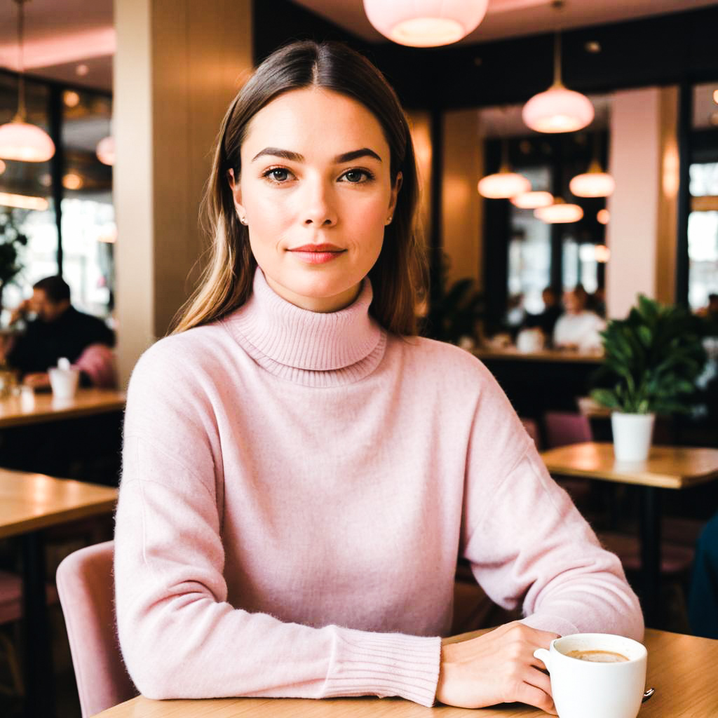 Woman in Pink Sweater at Café