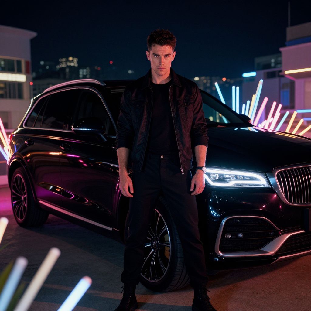 Stylish Young Man Posing by Luxury Black SUV at Night with Neon Lights
