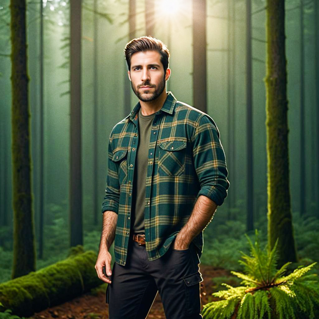 Man in Flannel Shirt in Lush Green Forest