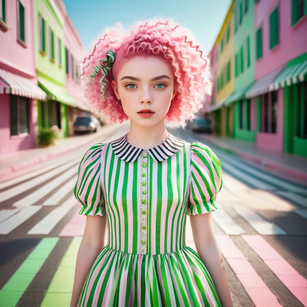 Young Woman with Pink Curly Hair in Colorful Dress