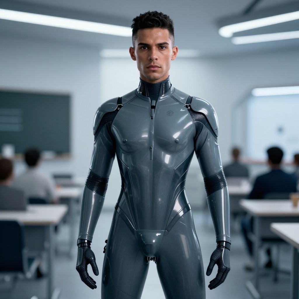Futuristic Man in Robotic Suit Standing in Classroom