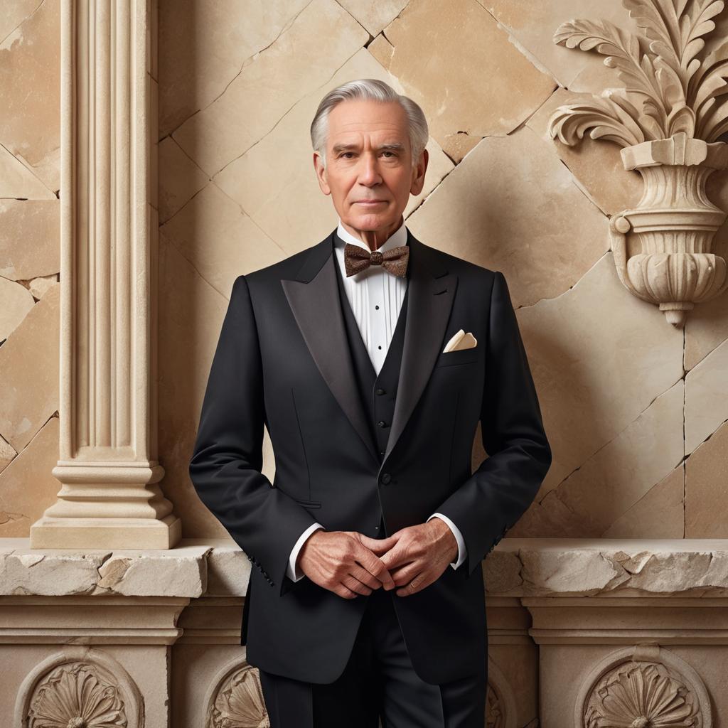 Elegant Older Man in Classic Black Tuxedo with Marble Background Elegant Older Man in Classic Black Tuxedo with Marble Background
