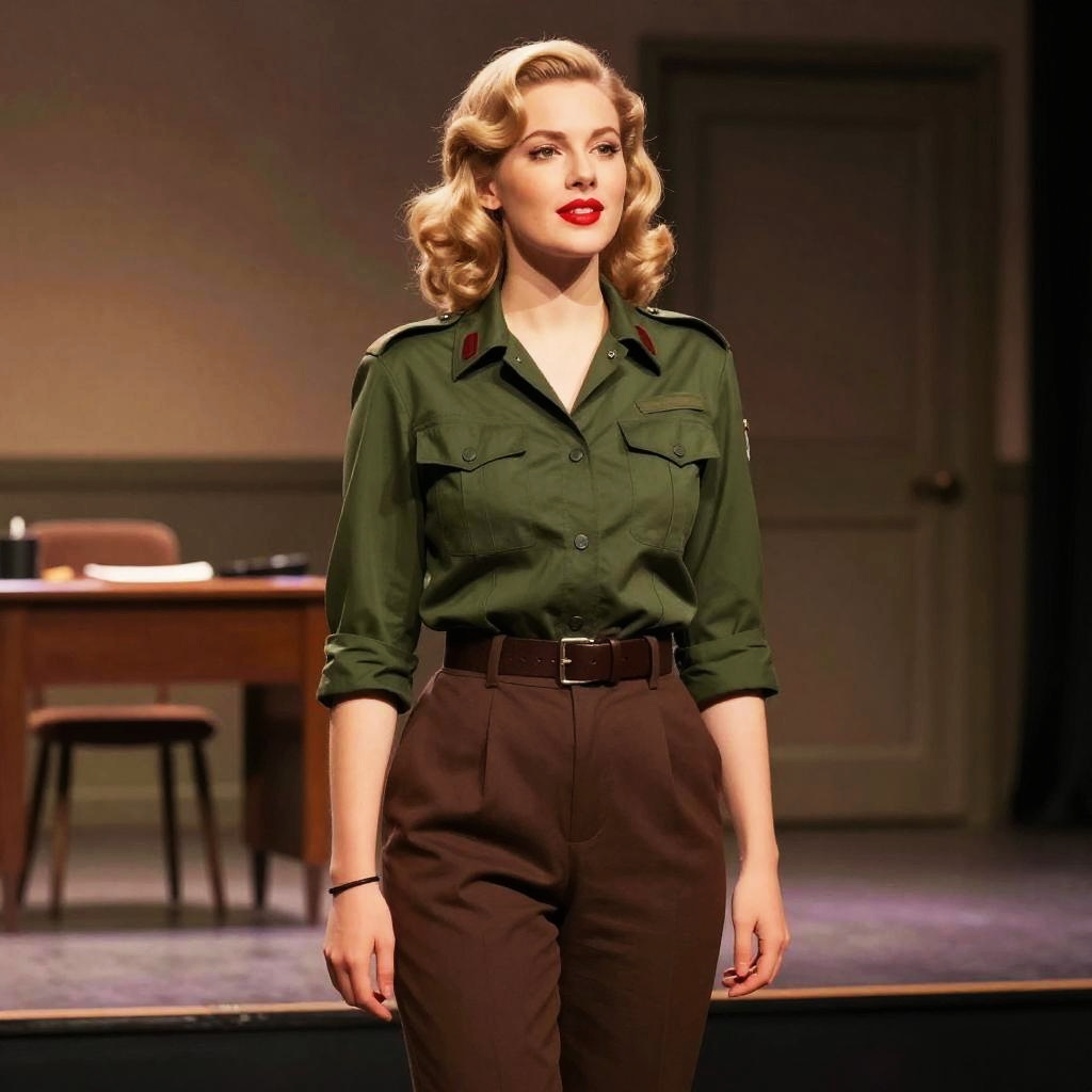 Vintage Military Style Woman in Theatrical Setting