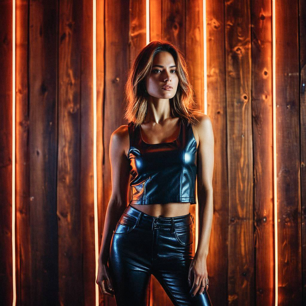 Confident Woman in Sleek Outfit with Illuminated Panels Confident Woman in Sleek Outfit with Illuminated Panels