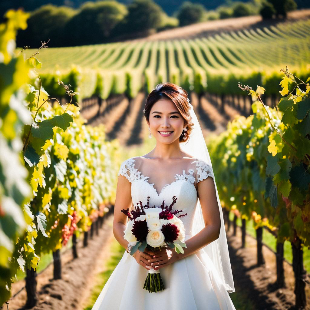 Smiling Bride in Vineyard with Bouquet