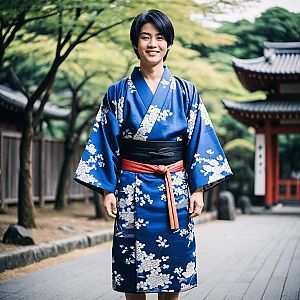 Young man in blue kimono outdoors