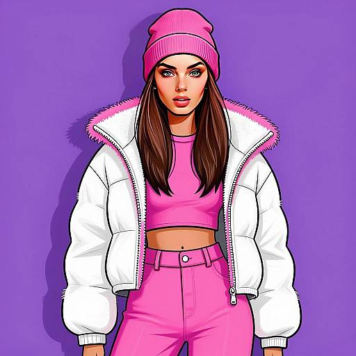Trendy Young Woman in Pink Outfit and White Puffer Jacket on Purple Background