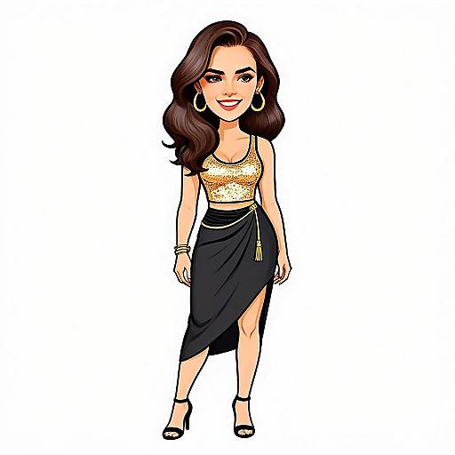 Stylized Illustration of Woman in Glamorous Evening Wear with Gold Crop Top and Black Skirt