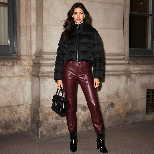 Urban Chic Fashion: Woman in Black Puffer Jacket and Burgundy Leather Pants