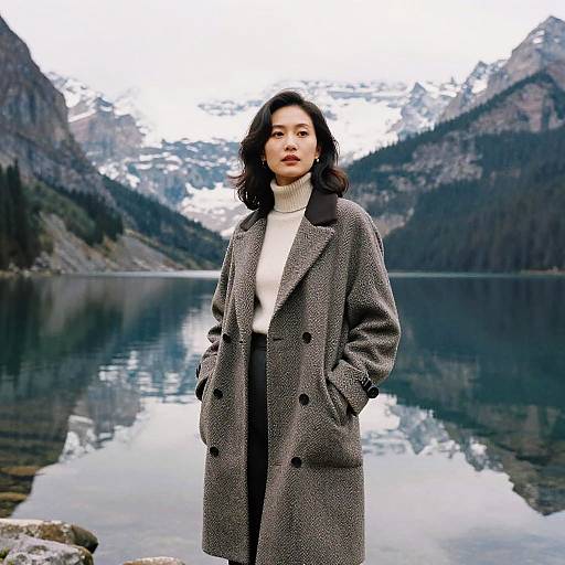 Woman in Gray Coat by Mountain Lake
