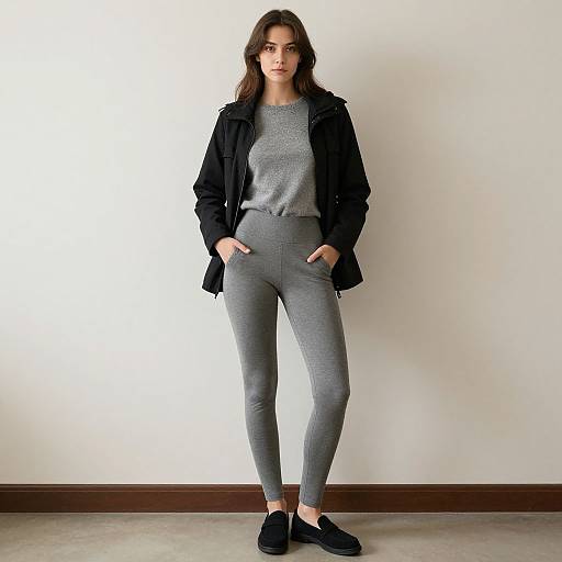 Young Woman in Casual Black Jacket and Grey Leggings with Minimalist Background