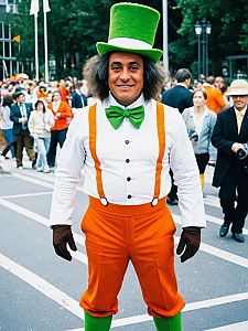 Man in Oompa Loompa Costume Outdoor Cosplay Photo in Bright Daylight