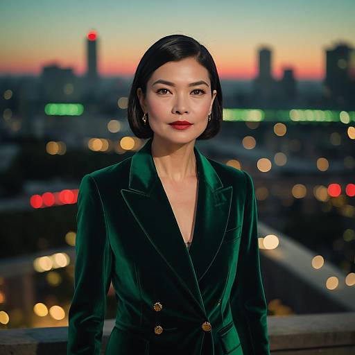 Elegant Woman in Green Velvet Blazer with City Sunset Background
