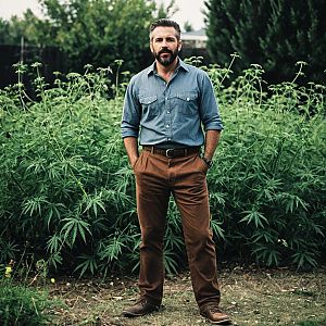 Man Standing in Cannabis Field Wearing Casual Outfit with Beard