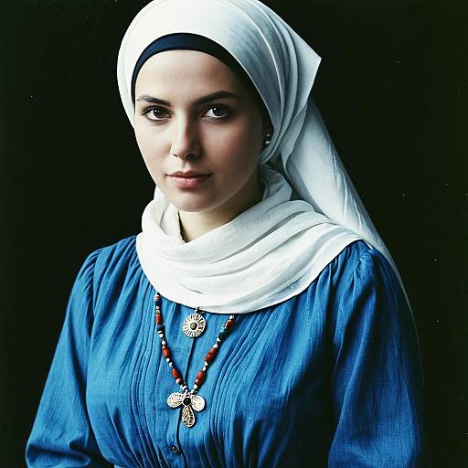 Portrait of Woman in National Clothing Wearing Blue Dress and White Headscarf