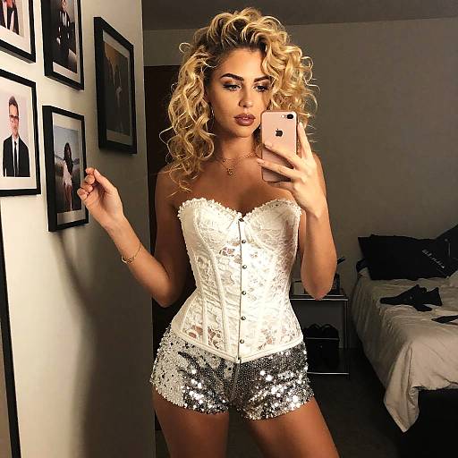 Blonde Woman in White Lace Corset and Silver Sequin Shorts Mirror Selfie