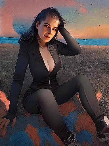 Woman in Black Outfit Sitting at Sunset Digital Art