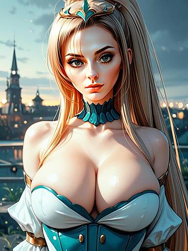 Fantasy Woman in Teal and White Costume Digital Artwork