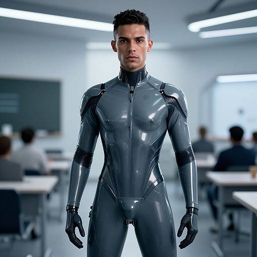 Futuristic Man in Robotic Suit Standing in Classroom