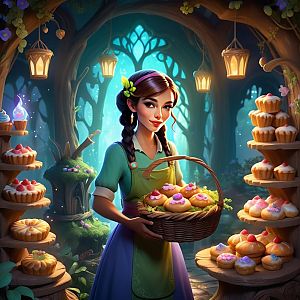Young Woman in Enchanting Woodland Bakery with Colorful Pastries