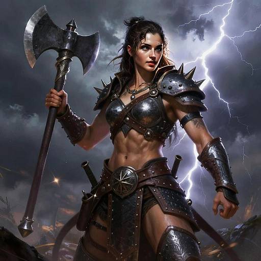 Fierce Woman Warrior in Spiked Armor Holding Double-Headed Axe with Lightning Storm Background