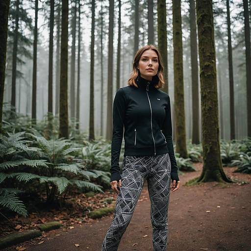 Woman in Black Jacket and Patterned Leggings on Forest Trail