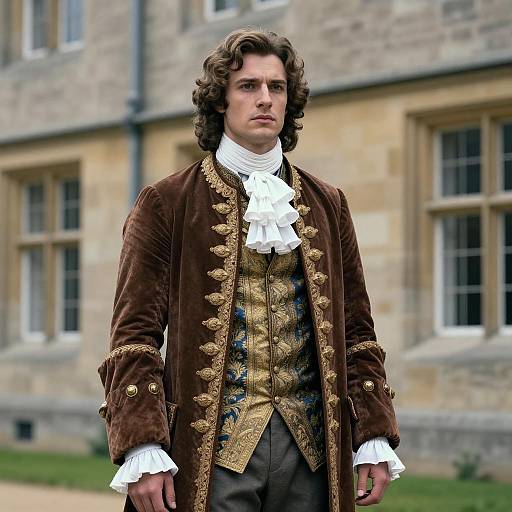 Man in 18th Century Aristocratic Brown Velvet Coat and Gold Embroidered Waistcoat