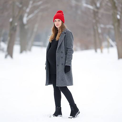 Pregnant Woman in Winter Coat and Red Hat Standing in Snowy Landscape