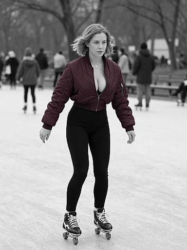 Woman in Burgundy Quilted Bomber Jacket and Black Leggings Roller Skating Streetwear