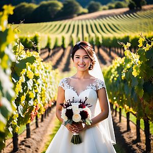 Smiling Bride in Vineyard with Bouquet