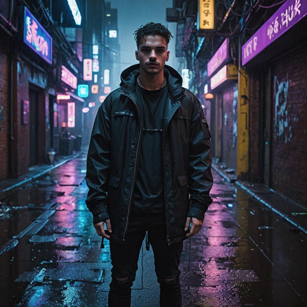 Confident man in neon-lit urban alleyway at night