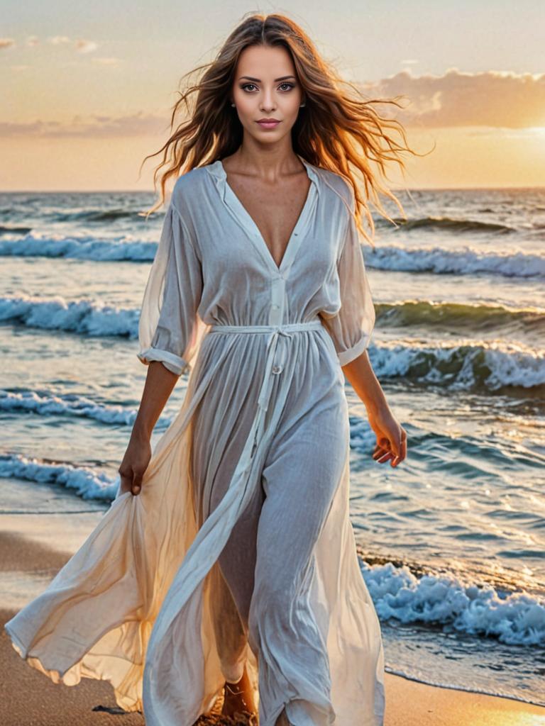 Woman in Light Blue V-Neck Maxi Dress at Beach Sunset