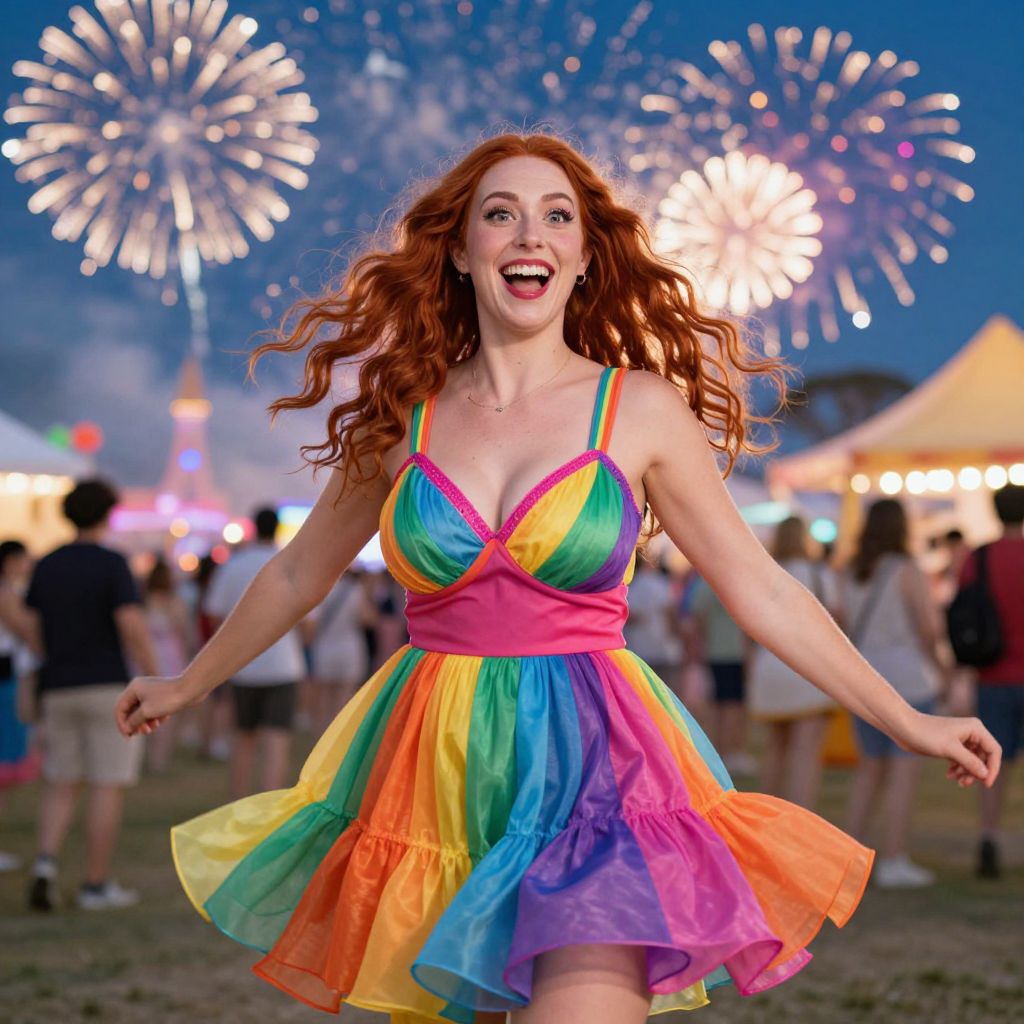 Joyful Woman Dancing in Rainbow Dress at Fireworks Festival