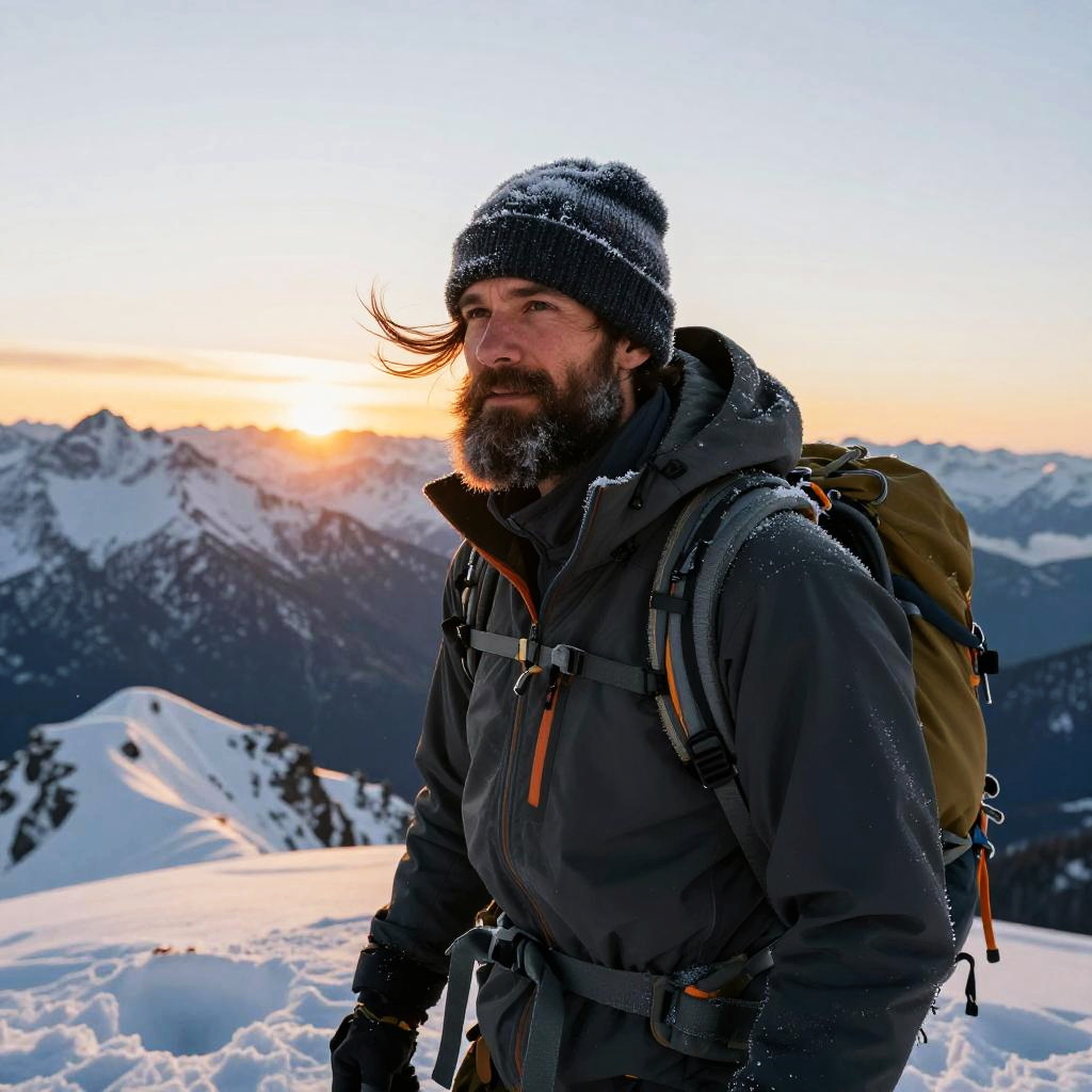 Man Hiking in Snowy Mountains at Sunset Outdoor Adventure