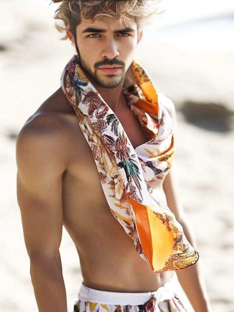 Male Model in Floral Scarf at Beach