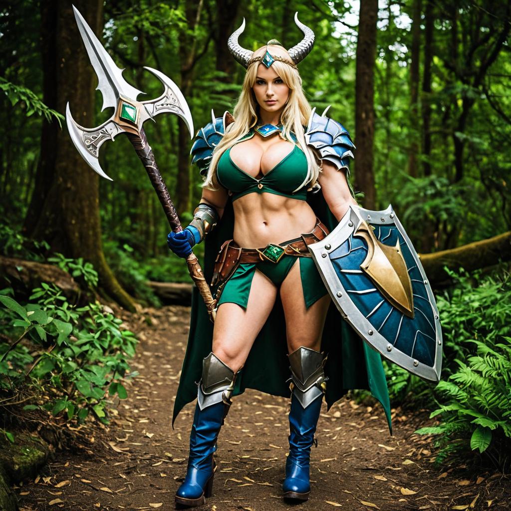 Fantasy Amazon Warrior Woman Cosplay with Axe and Shield in Forest