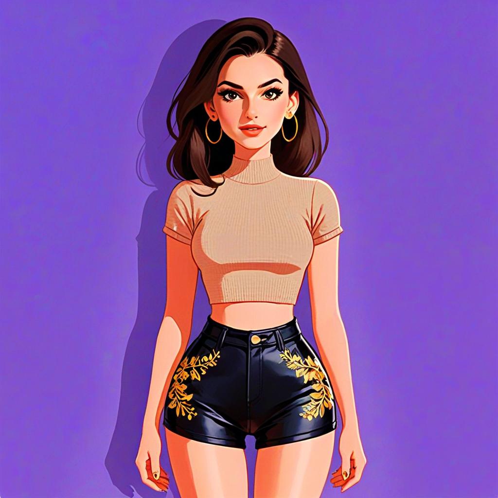 Stylish Woman in Trendy Ribbed Crop Top and Embroidered Shorts Illustration