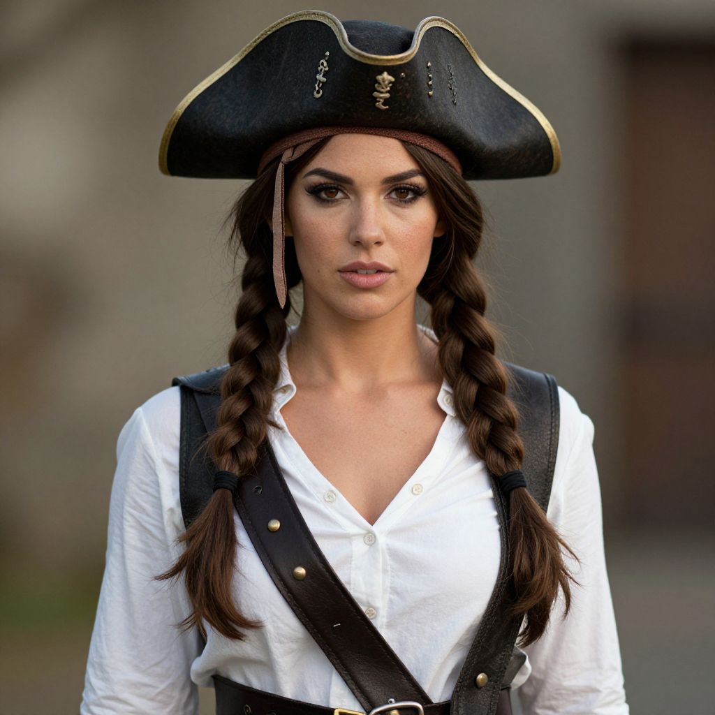 Portrait of Woman in Pirate Costume with Tricorn Hat