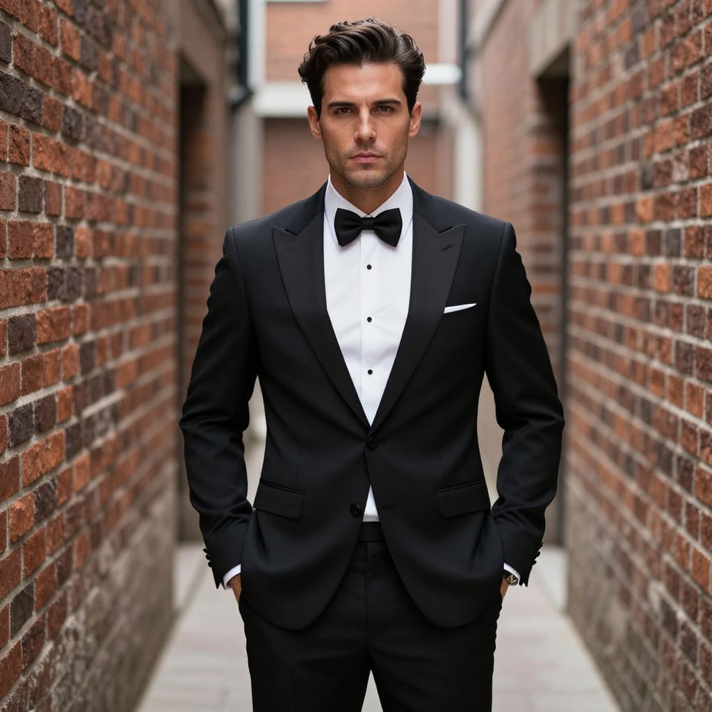 Confident Man in Classic Black Tuxedo in Brick Alleyway