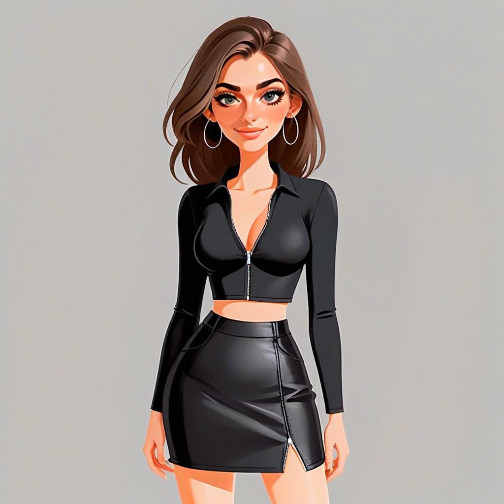 Edgy Woman in Black Leather Crop Top and Skirt Digital Illustration
