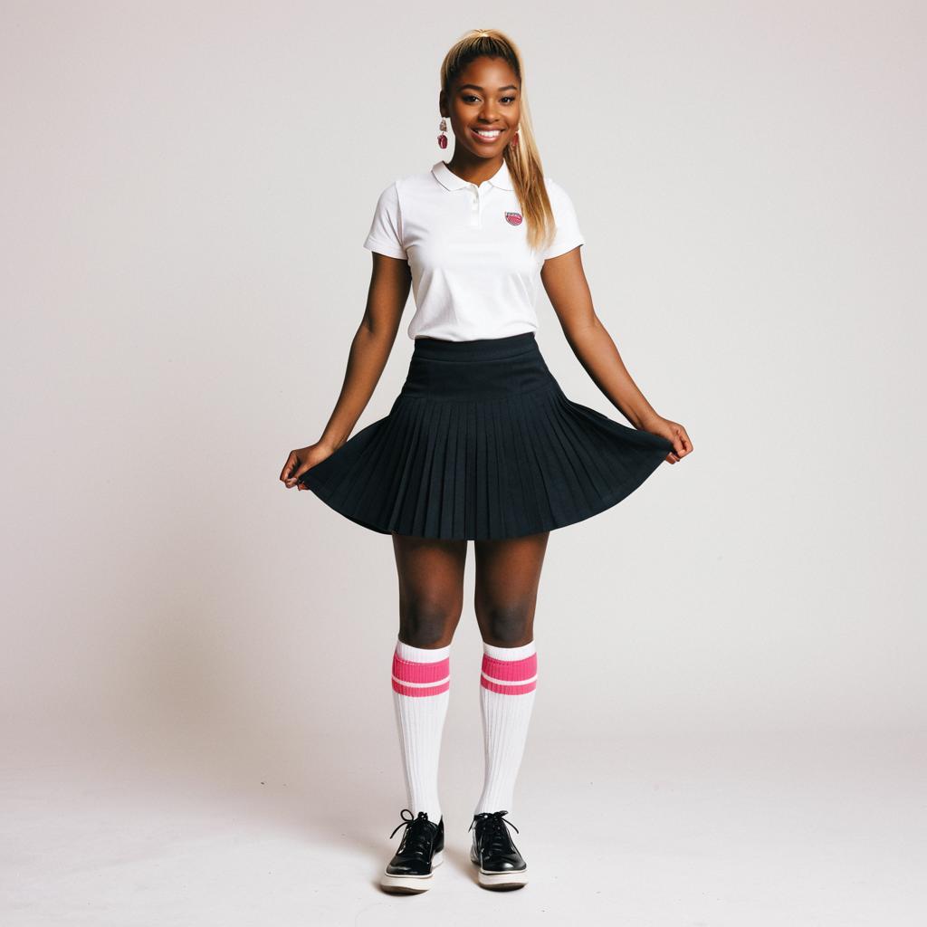 Sporty Young Woman in Pleated Skirt and Knee-high Socks Sporty Young Woman in Pleated Skirt and Knee-high Socks