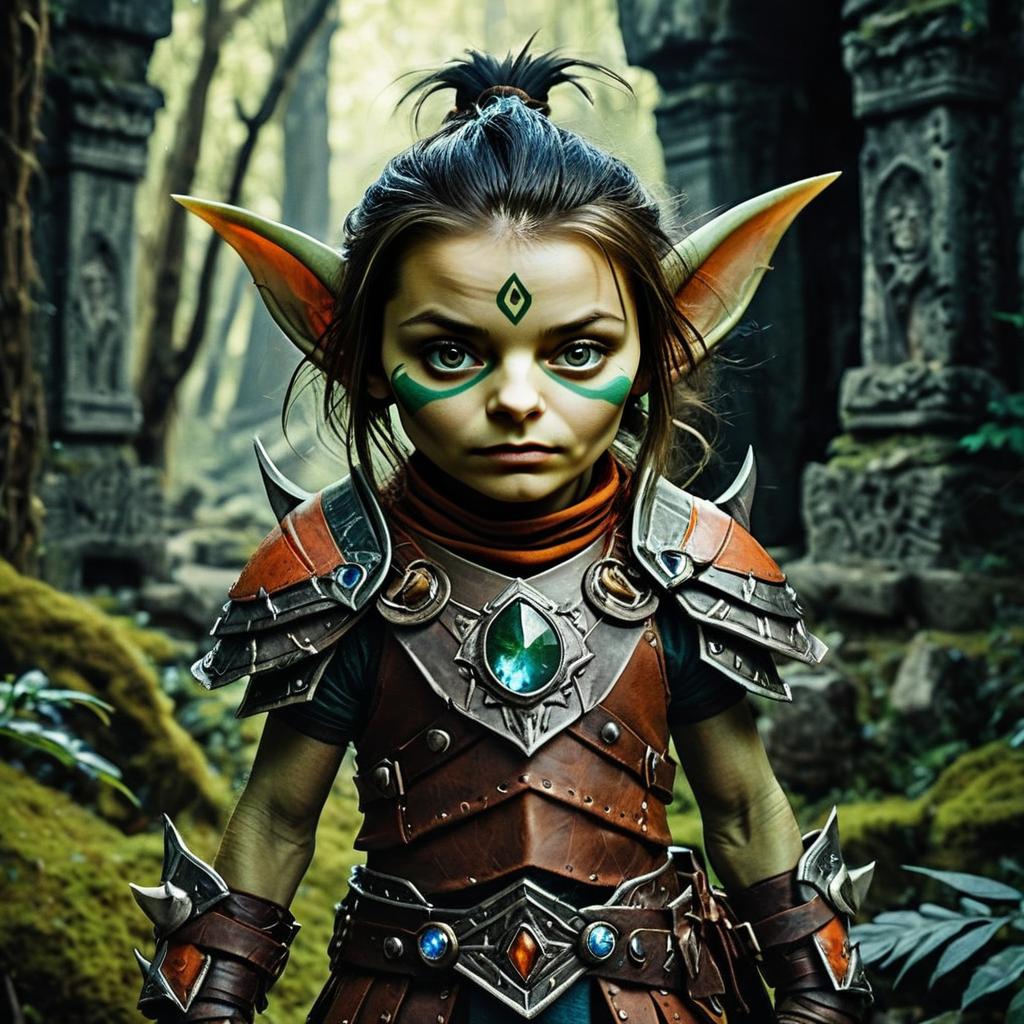 Fantasy Elf Warrior Woman in Armor with Tribal Face Paint in Mystic Forest