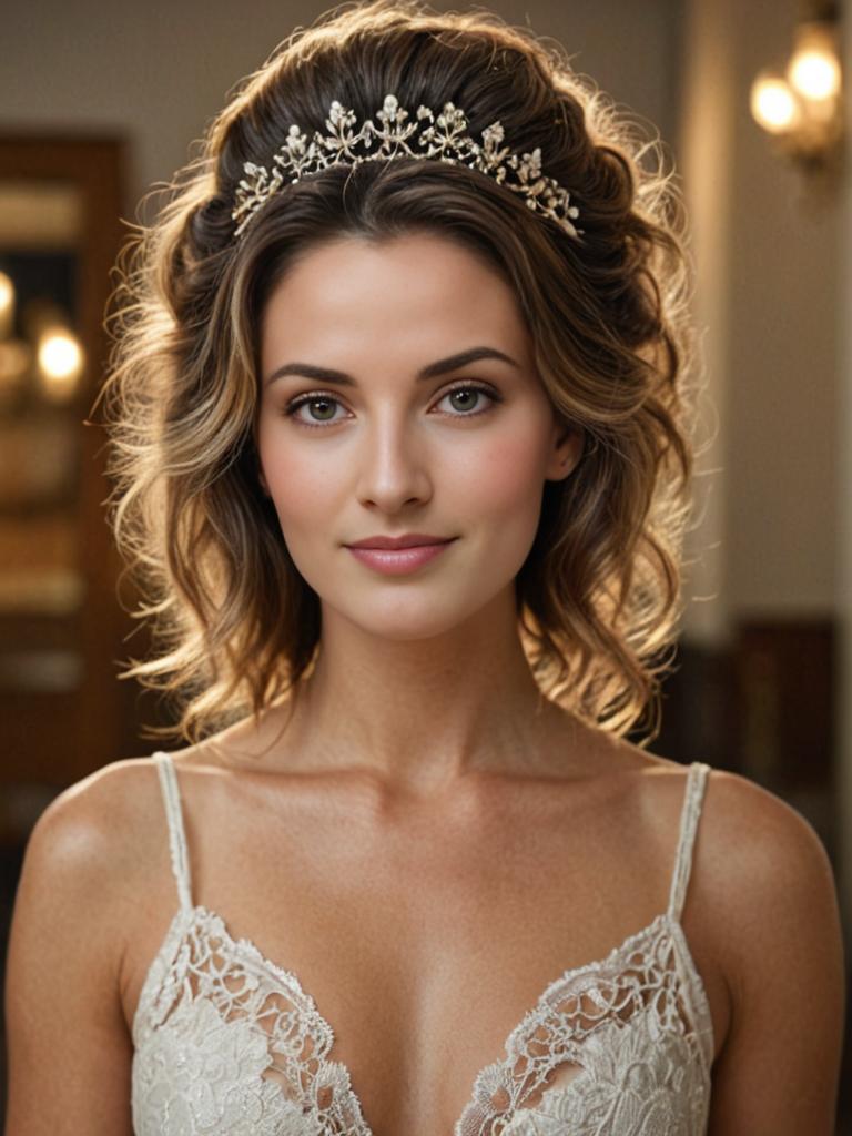 Elegant Woman with Floral Headpiece and Lace Top