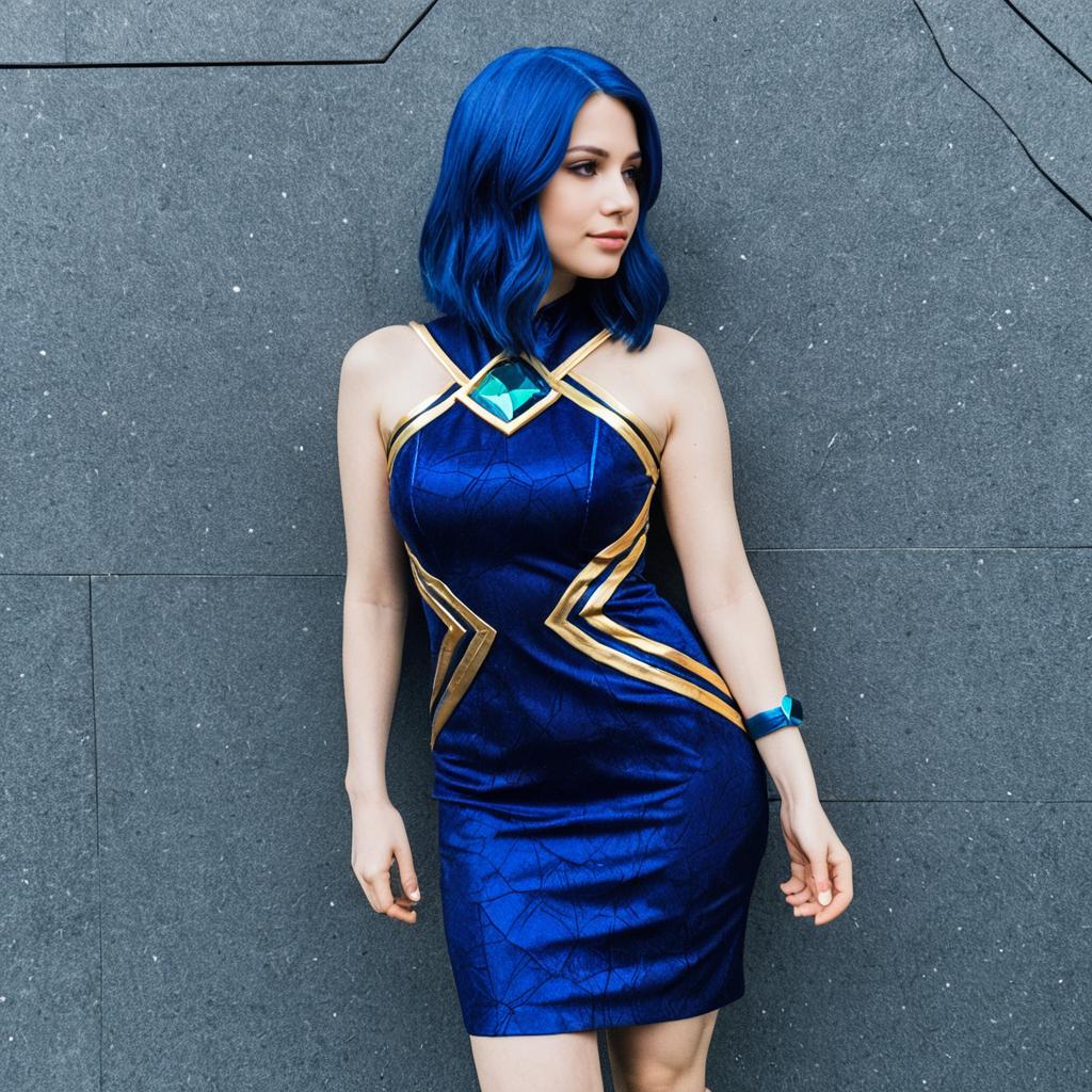 Woman in Blue Geometric Dress with Blue Hair Against Gray Wall
