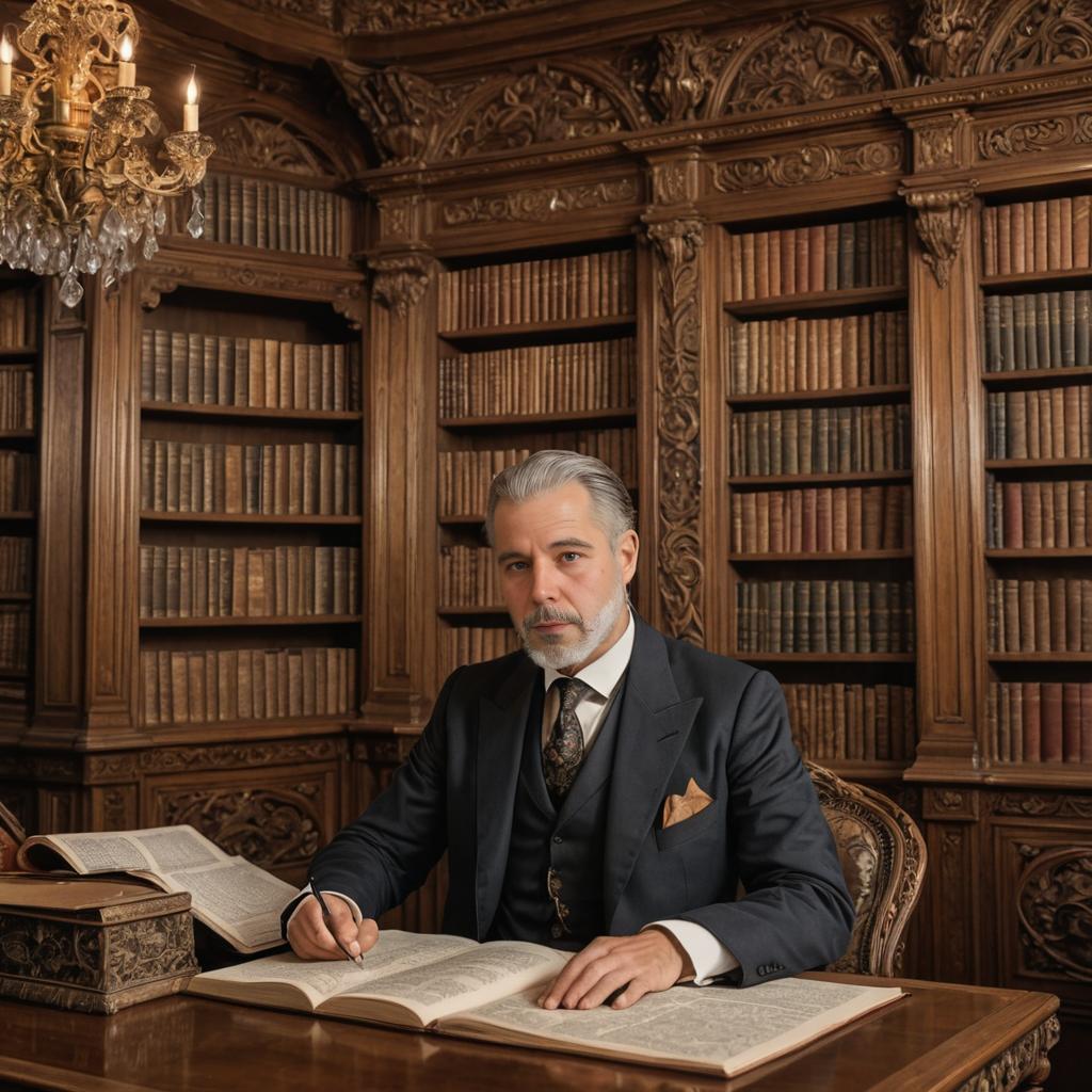 Elegant man reading in wood-paneled library