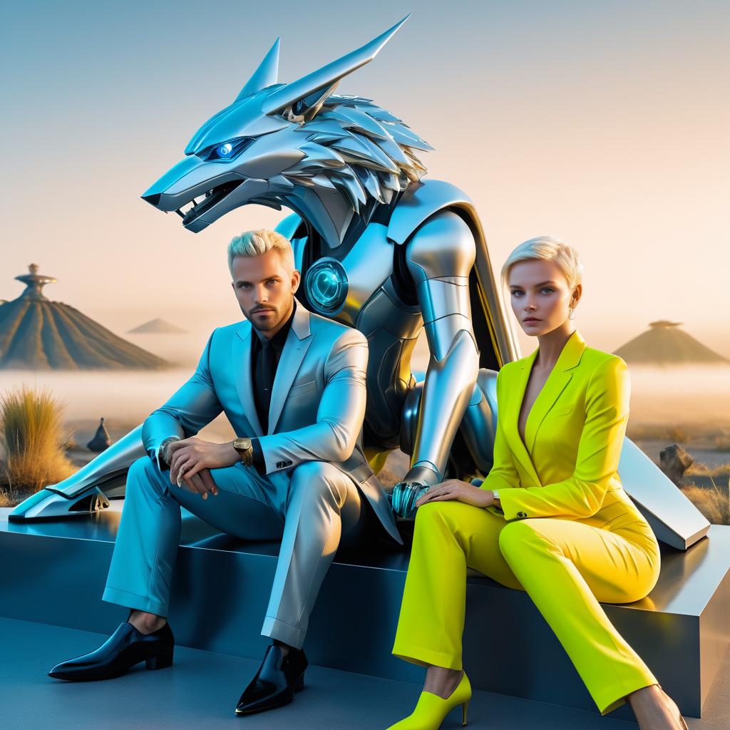 Futuristic Elegance: Man, Woman, and Robotic Wolf