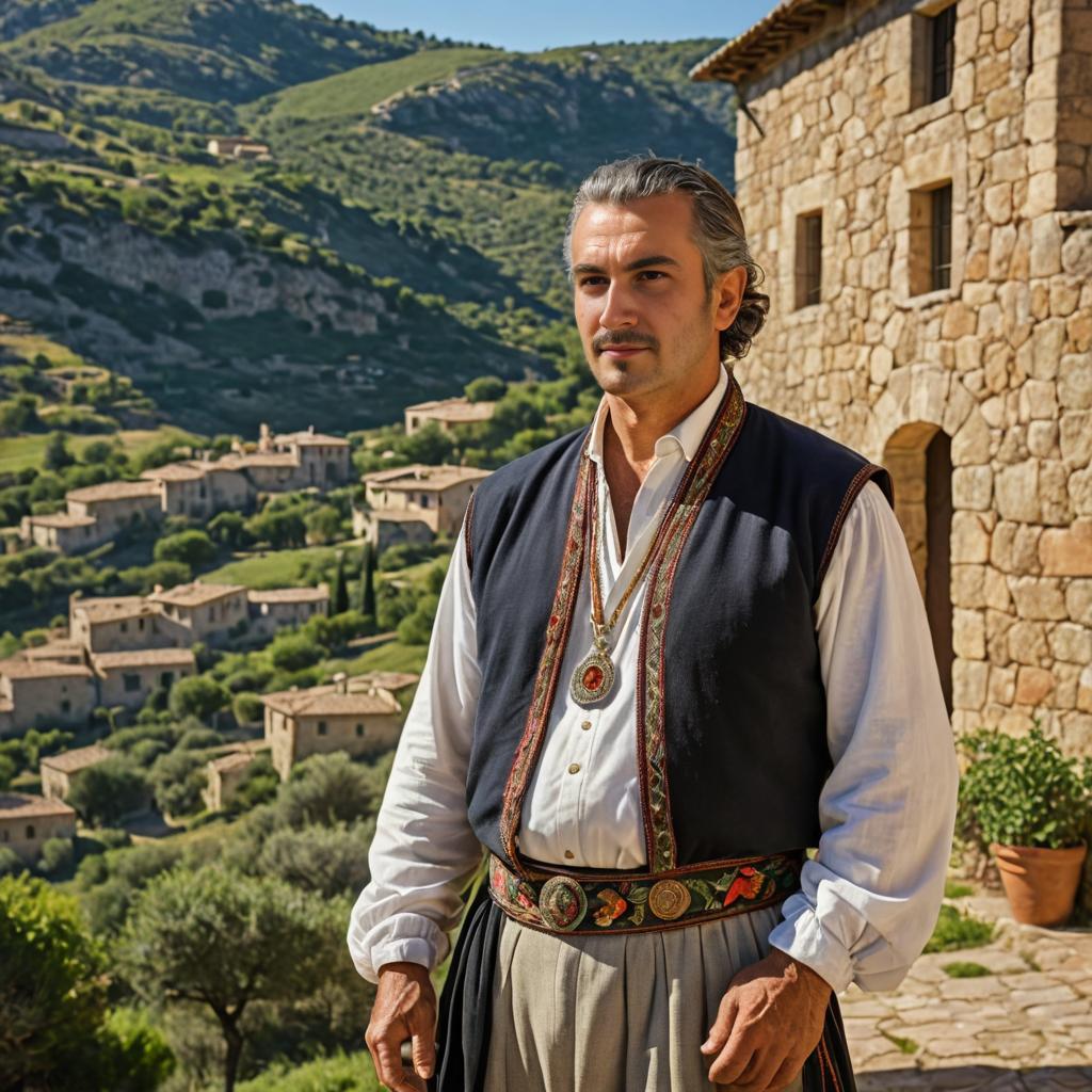 Man in Traditional Attire Against Village Backdrop